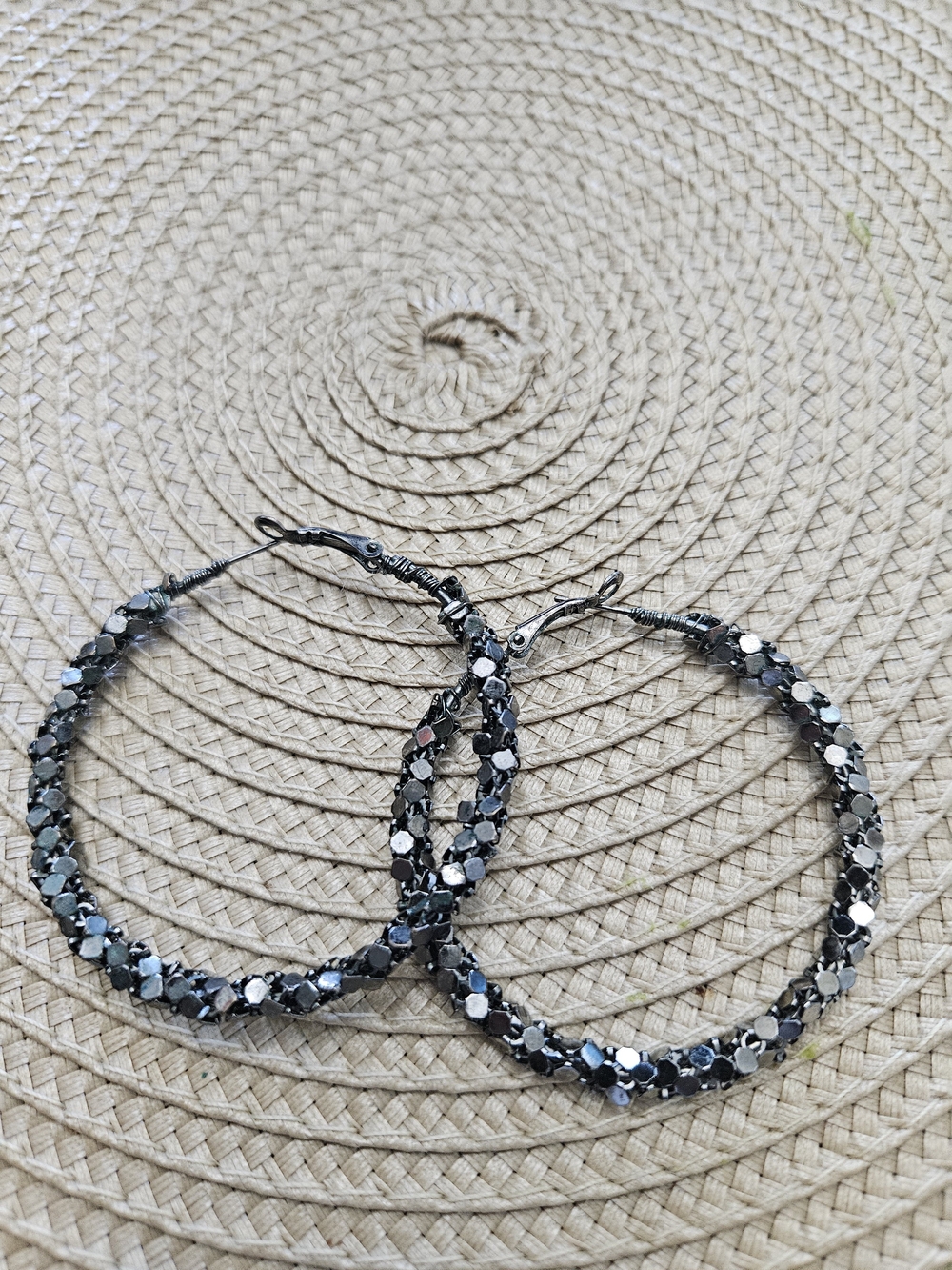 Source Unknown Hematite and Silver Beaded Hoop Earrings